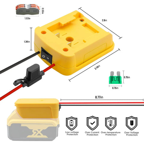 Dimensions and features of Universal Battery Adapter For 20V And 18V Drill Packs To Power RC Cars, Trucks, And Robotics, 12AWG wire