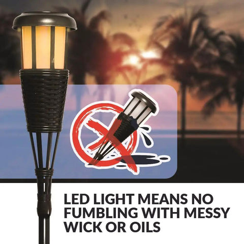 4 Pack Solar Powered Flickering Flame Outdoor Island Torches No Oil Mess Easy Set Up at sunset display with LED feature
