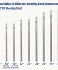 Nine steel 3/4 in DD steering shafts arranged by length from 16" to 36" (front view)