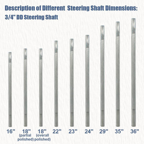 Nine steel 3/4 in DD steering shafts arranged by length from 16" to 36" (front view)