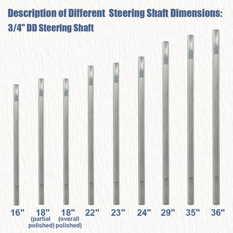 Various sizes of 3/4 inch DD steering shafts displayed vertically.