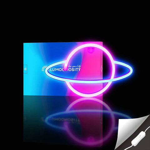 Planet Neon Sign USB Powered Saturn LED Light With Easy On Off Switch Aesthetic Wall Decor For Bedroom And Gaming Room Hanging Neon Night Light Featuring Blue And Pink LEDs, displayed in neon blue and pink against a black background.