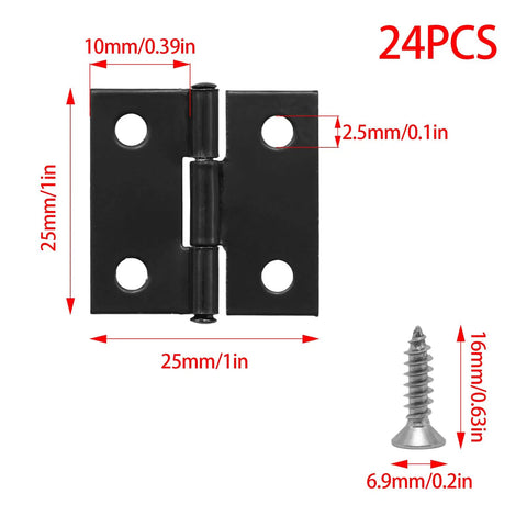 24 Pack Of Solid Black One Inch Metal Hinges With Included Fasteners Quick Hook Up For Drawers Cabinets And Small Craft Boxes Built Tough For Heavy Duty Jobs with dimensions.