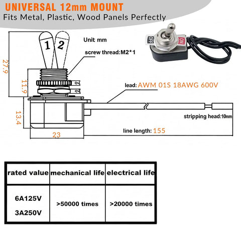 Diagram of Beefy 2 Pin Heavy Duty Toggle Switch 6A At 125V And 3A At 250V SPST On Off Rocker with measurements and specifications.