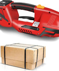 Hustle Ready Cordless Strapping Machine Auto Weld And Cut Handheld Bander with a cardboard box, portable and cordless for efficient packing.