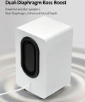 White USB Powered Computer Speakers With Built In Audio Output For Crisp Digital Sound, close-up rear view, wooden finish