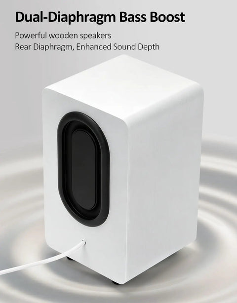 White USB Powered Computer Speakers With Built In Audio Output For Crisp Digital Sound, close-up rear view, wooden finish