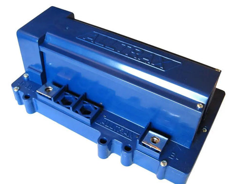Close-up of SR48500 DC Motor Controller 12 To 48 Volt 500 Amp Peak, blue ABS enclosure, designed for electric golf carts.
