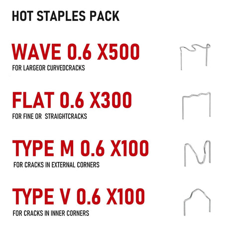 Different types of hot staples for Two In One Plastic Welder Kit With 100W Welding Gun And Soldering Iron 110V 120V for various crack repairs.