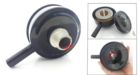 Air Compressor Silencer Three Quarter Inch NPT Pipe Thread And Twenty Six Millimeter Male Thread Five Inch Diameter Inlet Muffler Plus Beefy Air Filter Element Heavy Duty Metal Sound Reduction Unit For Quiet Performance, showing details and size reference.