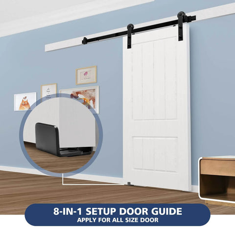 Bottom Floor Guide For Sliding Barn Doors U Shape Adjustable Stay Roller Flexible Fit Distance Flush Flat Bottom Design Wall Mount System For Doors And Cabinets 2 Pack Built Tough Steel With Black Powder Coat installed on white door.