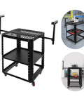 Bomb Proof Rolling Planer Stand With Five Hundred Fifty Pounds Capacity Hella Sturdy Power Tool Cart on wheels with adjustable racks.