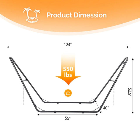 Diagram of Beefy Heavy Duty Hammock Stand With Adjustable Frame For Outdoors Portable Double Bar Design 550 LB Capacity Black Iron Frame