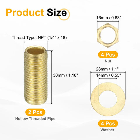 Brass Lamp Repair Hardware Kit 2 Pack With 1.18 Inch Brass Pipe Nipples And Lock Nuts Washers One Quarter Inch NPT Fasteners For Lamp Assembly Do It Yourself Projects Gold Tone showing sizes and parts