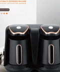 Turkish Coffee Maker With 1200W Power, Portable Hot Beverage Machine, dual brew chambers, black and rose gold accents, countertop view