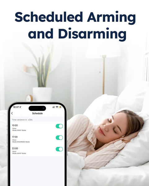 Person resting in bed with phone app displaying DIY WiFi Door Alarm System For Home Security 8 Piece Kit With Siren settings.