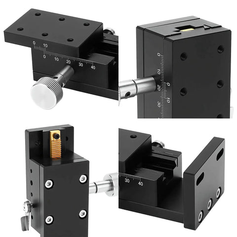 Close-up of Z Axis Linear Stage With Manual Twist Fine Tune Adjustment, Aluminum Alloy Sliding Table SPZ40-60, multiple angles shown.