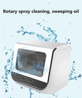 Compact Countertop Dishwasher Featuring Automatic Self Draining Tech with rotary spray cleaning in action.