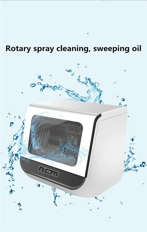 Compact Countertop Dishwasher Featuring Automatic Self Draining Tech with rotary spray cleaning in action.