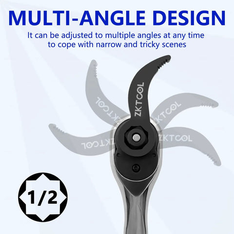 1/2 Inch Drive Pry Bar Adapter Head With Adjustable Angle, 8 Point Square Profile Crowbar Attachment in multi-angle design view.
