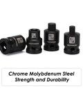 Four sockets from the Eleven Piece Three Eighths Inch Drive Pipe Plug Socket Set SAE CRMO Heavy Duty With Tapered Male Square Drive