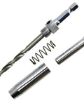 AFUNTA 8-piece center drill bit set for hinge tapping; chrome bit with knurled collar, spring, and two sleeves (front view)