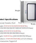 Rugged Outdoor Electrical Control Panel Enclosure stainless steel wall-mounted junction box with dimensions and specifications.