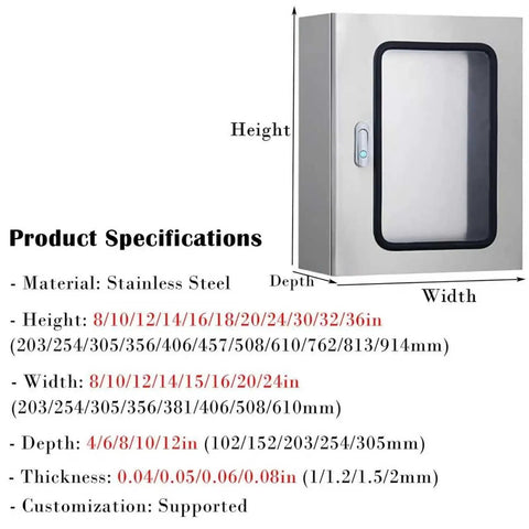 Rugged Outdoor Electrical Control Panel Enclosure stainless steel wall-mounted junction box with dimensions and specifications.
