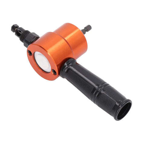Heavy Duty 360 Degree Double Head Electric Nibbler For Drill Sheet Metal Cutter Tool Kit Iron Stainless Steel Aluminum HVAC Auto Body Repair handle with orange metal casing.
