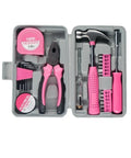 Grab And Go All In One Home DIY Tool Kit With Pink Storage Case For Household Office And Garage 24 Piece Hand Tool Set Ready To Use Right Out Of The Box For Quick Repairs Everyday Fixes, showing pliers, hammer, screwdrivers, and tape measure.