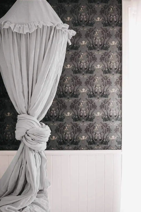 Soft grey kids bed canopy tent with frills, cotton hanging net for reading nook and playroom hideaway in child's room