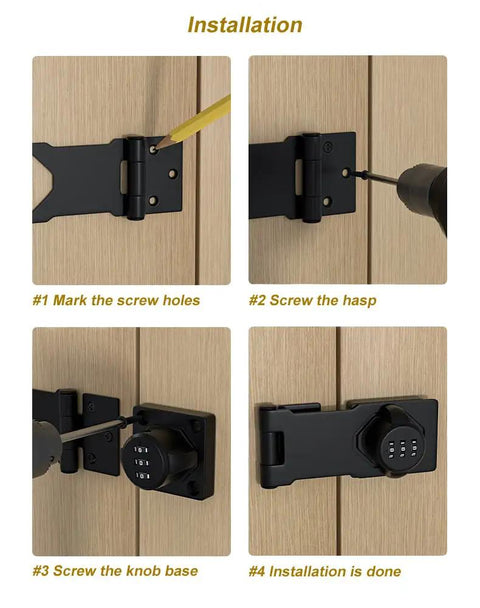 Installation steps for Solid Build 3 Digit Keyless Combination Lock With Smooth Twist Knob And Heavy Duty Hasp Latch.
