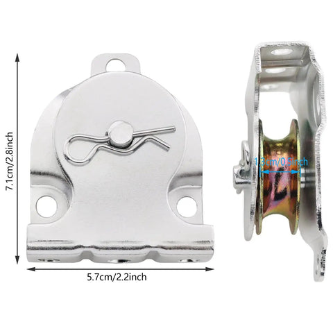 Beefy Heavy Duty 1-1/2 Inch Wall And Ceiling Mount Single Pulley With 420 Lb Capacity Iron And Zinc Construction Galvanized Finish For Rust-Proof Resistance Durable And Safe Easy Wire Rope And Chain Insertion For Quick Setup front and side view