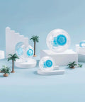 Dwarf Hamster Ball 5.1 Inch With Football Design Durable Running Ball for Tiny Pets on display in miniature palm tree setup