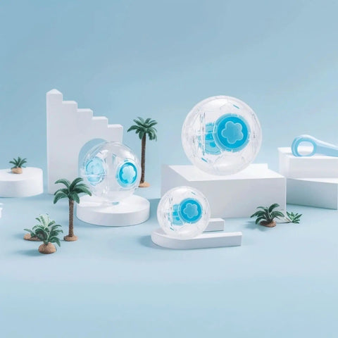 Dwarf Hamster Ball 5.1 Inch With Football Design Durable Running Ball for Tiny Pets on display in miniature palm tree setup