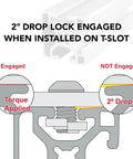 Tri Slotted 1.5 Inch By 1.5 Inch Aluminum Extrusion, 15 Series, Smooth Light Profile, 6063-T6 Aluminum, Clear Anodized Finish, 80 20 Compatible, 48 Inch Length, Ideal For Linear Rails, Framing, CNC Guides, And DIY Projects showing T-slot drop lock engaged