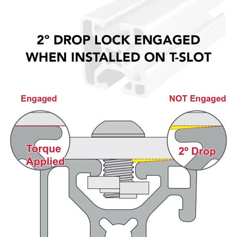 Tri Slotted 1.5 Inch By 1.5 Inch Aluminum Extrusion, 15 Series, Smooth Light Profile, 6063-T6 Aluminum, Clear Anodized Finish, 80 20 Compatible, 48 Inch Length, Ideal For Linear Rails, Framing, CNC Guides, And DIY Projects showing T-slot drop lock engaged