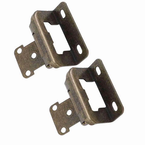 Self Closing Cabinet Hinge Set Half Inch Steel Semi Wrap Overlay, bronze finish, pair showing design details