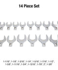One Half Inch Drive Fractional Jumbo Straight Crowfoot Wrench Set, Fourteen Piece, Chrome Plated, Sizes Visible, Arranged Front View