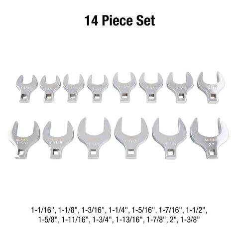 One Half Inch Drive Fractional Jumbo Straight Crowfoot Wrench Set, Fourteen Piece, Chrome Plated, Sizes Visible, Arranged Front View