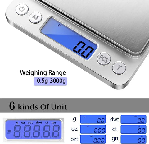 Pocket Scale 3000g x 0.1g With LCD Display, Tare Function, Battery Powered, six unit options visible
