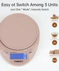 Pink Digital Kitchen Scale 11lb/5kg Capacity With 1g Precision, Large LCD Display showing gram mode