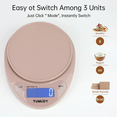 Pink Digital Kitchen Scale 11lb/5kg Capacity With 1g Precision, Large LCD Display showing gram mode