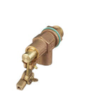 Front view of Watts ST750 bronze 3/4 in float valve with male NPT inlet/outlet, green gasket, and adjustable arm