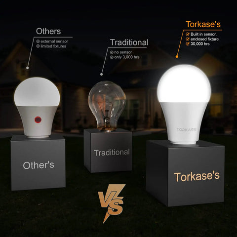 Comparison of Plug And Play Dusk To Dawn LED Bulbs With Built In Photocell versus other bulb types in outdoor setting.