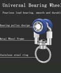 Universal bearing wheel with metal wheel frame and stainless steel ring, featuring bearing pulley design.