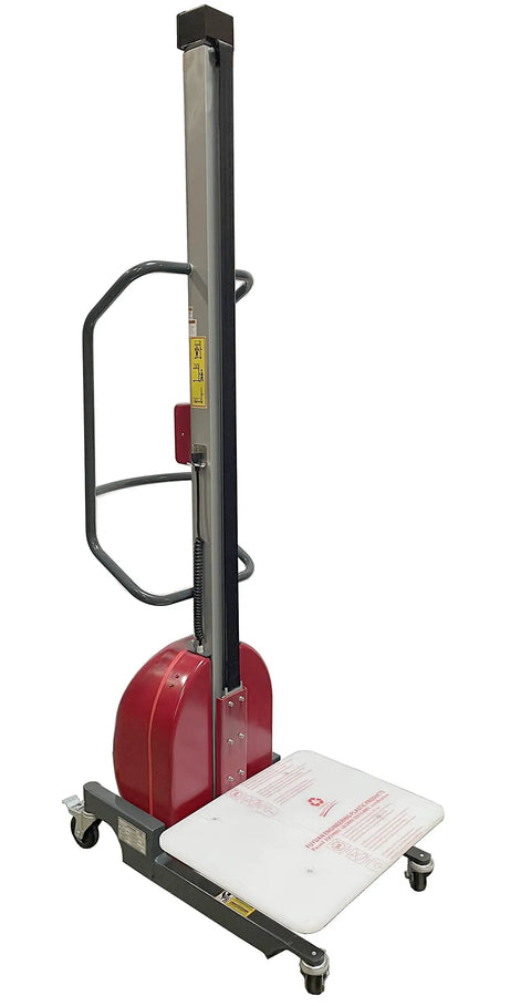 Heavy Duty Electric Lift Work Positioner Truck With 330 Lbs Capacity And 67 Inch Raised Platform Height, showcasing a red gantry.