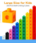 200 Piece Kids Linking Cubes Set For Math And STEM Building Blocks stacked by color with dimensions