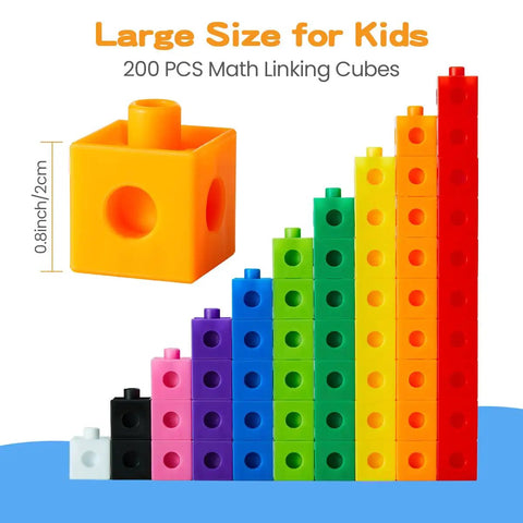 200 Piece Kids Linking Cubes Set For Math And STEM Building Blocks stacked by color with dimensions