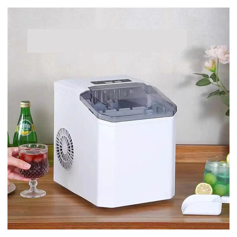 High Performance Countertop Ice Maker Portable With Built In Storage Bin For Rapid Ice Cubes Kitchen Home Bar Entertainment RV Camper Travel Compact Self Contained Unit Energy Efficient Smooth Chill Results on wooden table with drinks.